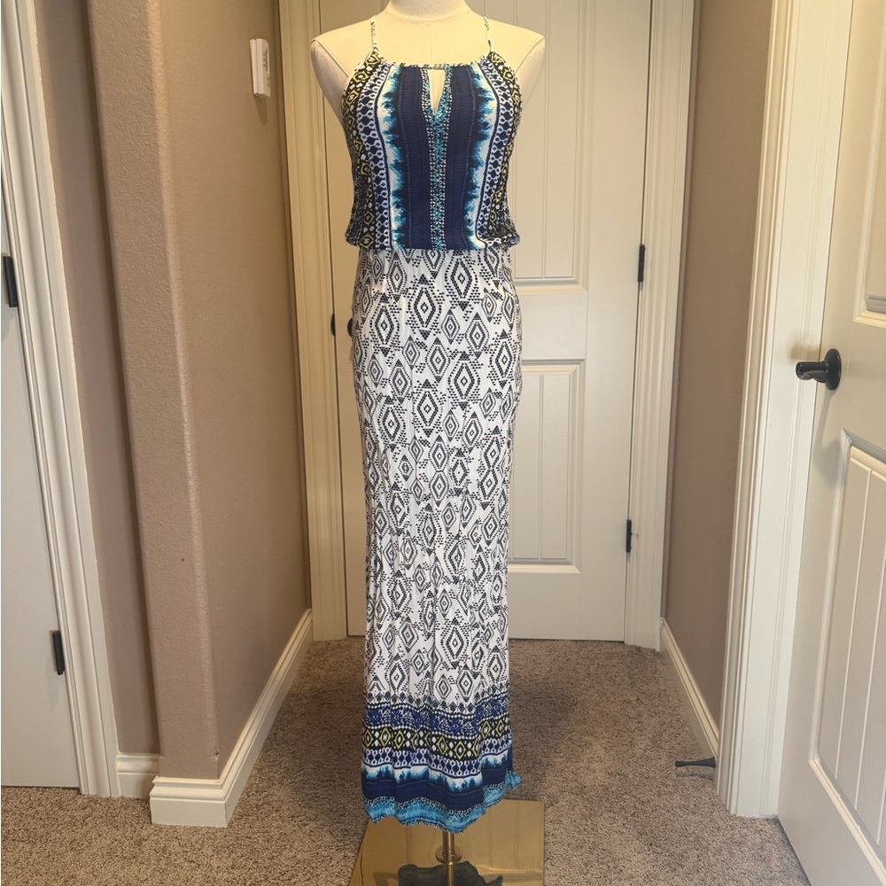 Allison Joy Navy and White Geometric Maxi Dress